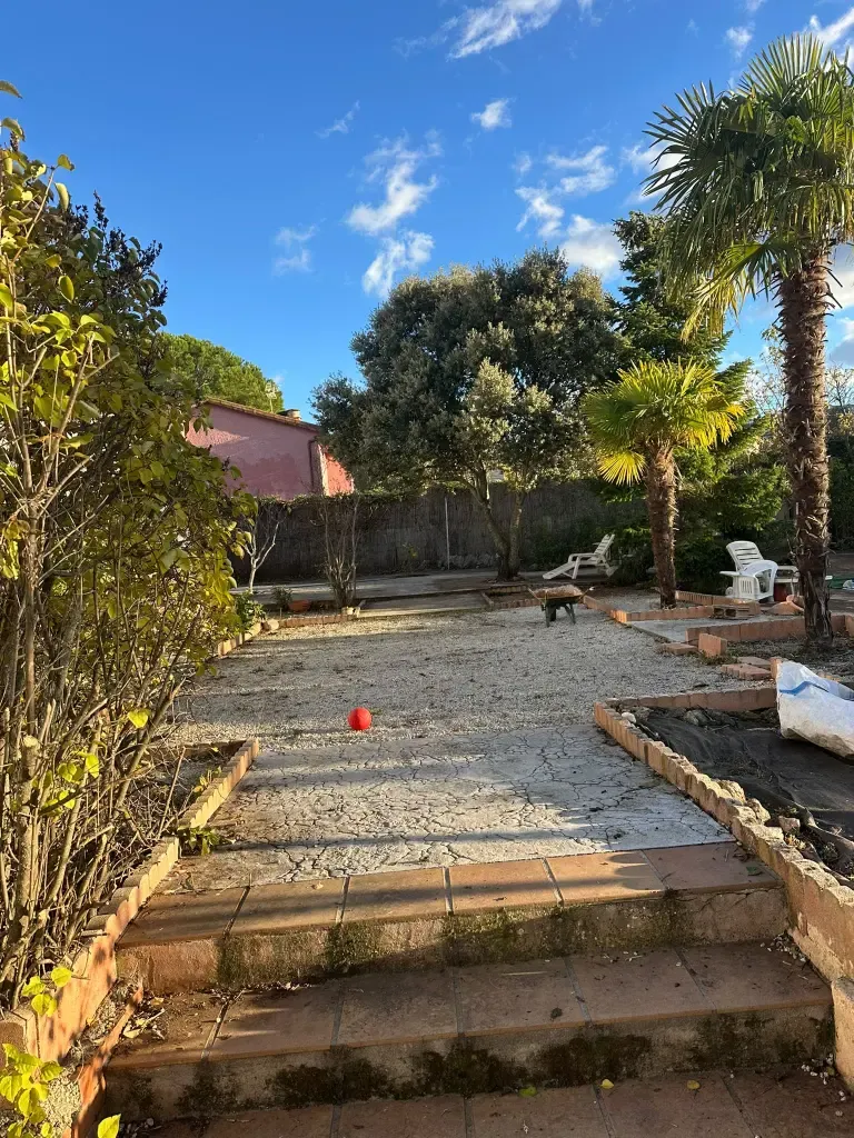Jardín con palmeras, escalones y parterres